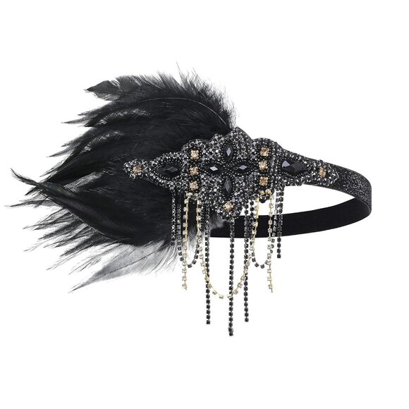 1920s Flapper Headpiece Crystal Beads Feather Headband for Gatsby Costumes - Picture 5 of 5